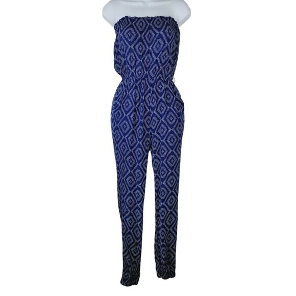VICI Sz Small Strapless Jumpsuit Navy Blue Diamond Pattern Cuffed Leg Hem READ - Picture 1 of 8